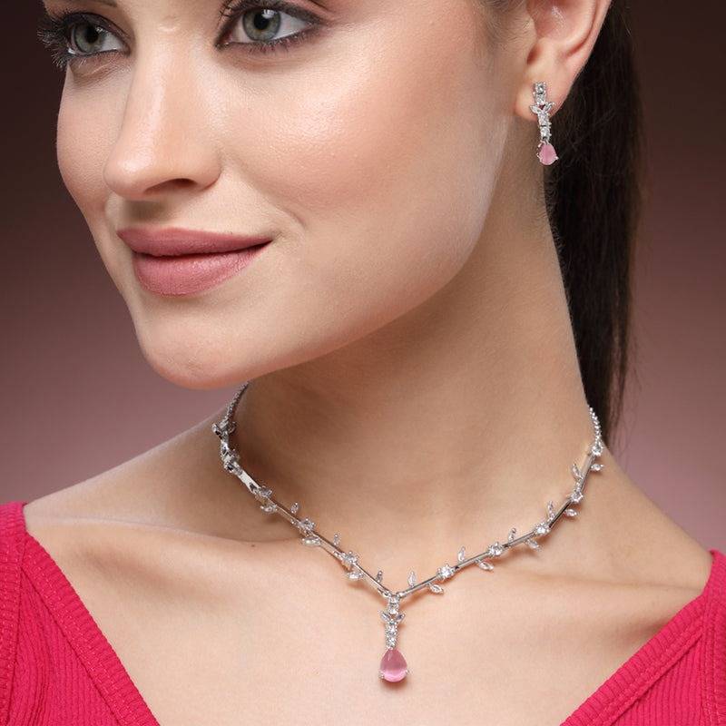 Refined American Diamond Teardrop Vine Leaf Motif Necklace Set– Lightweight Signature Jewelry For Bridesmaid : AD-854-IRMPNKER