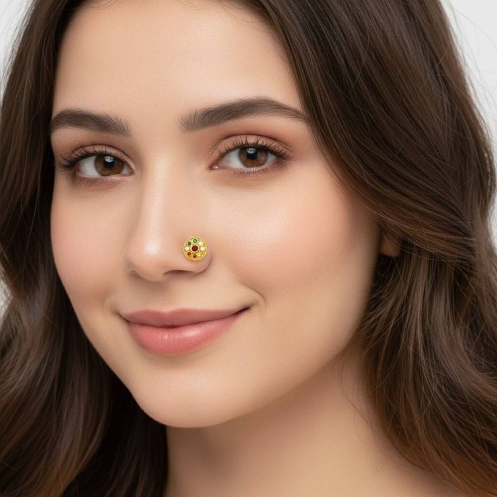 Navratna Round Mandala Multigems Nose Pin 925 Sterling Silver Gold Plated : 0005-NP-snp-0057