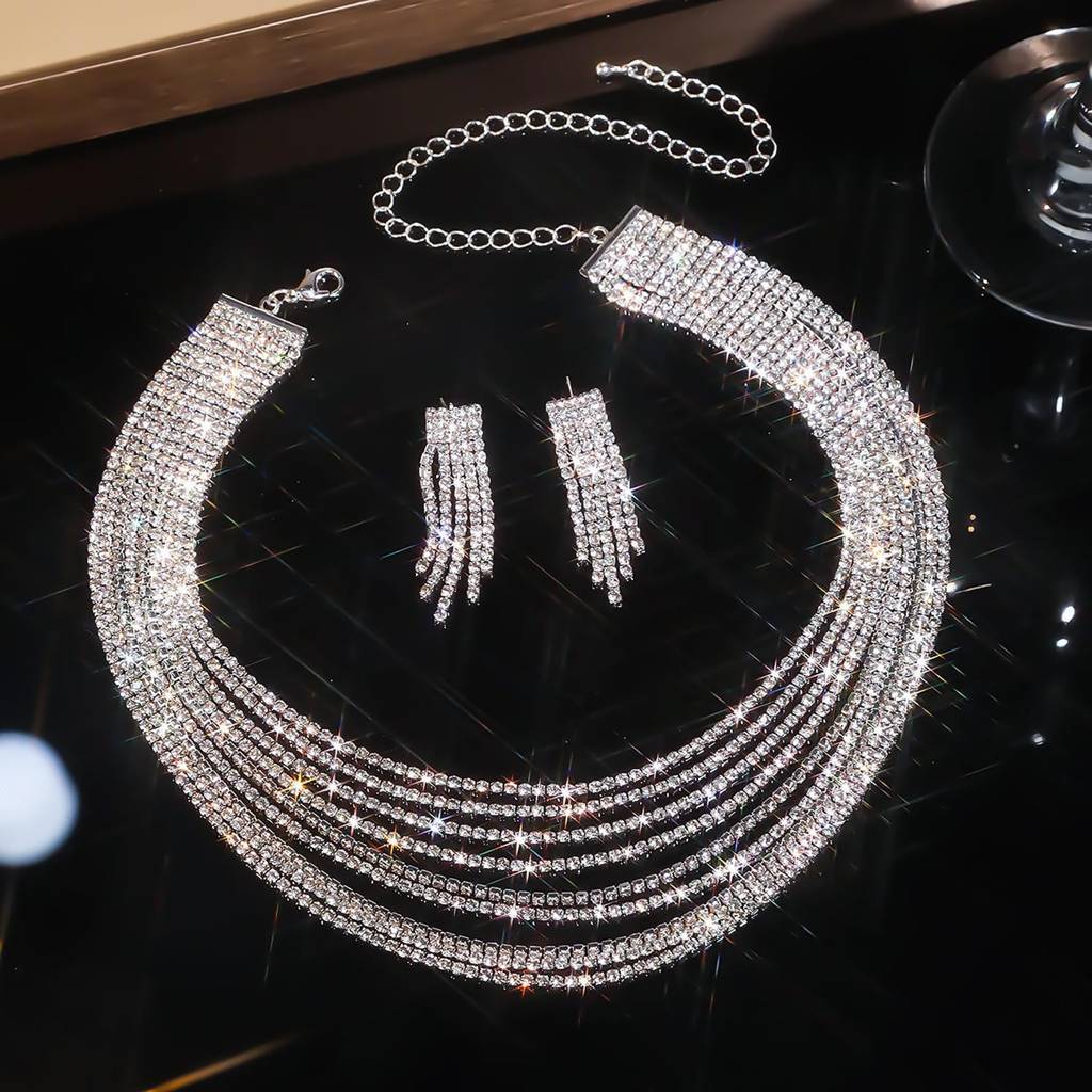Silver Plated Cubic Zirconia Studded Multi-Layered Stylish Necklace With Drop Earrings Set Fashion Jewellery For Wo : PX9N223S