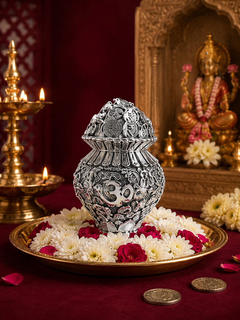 999 Silver Plated Kuber Kalash With Rupee Coin Design & Om Symbol | Antique Finish Prosperity Kalash For Hom : SMK-GFT-PJA-001