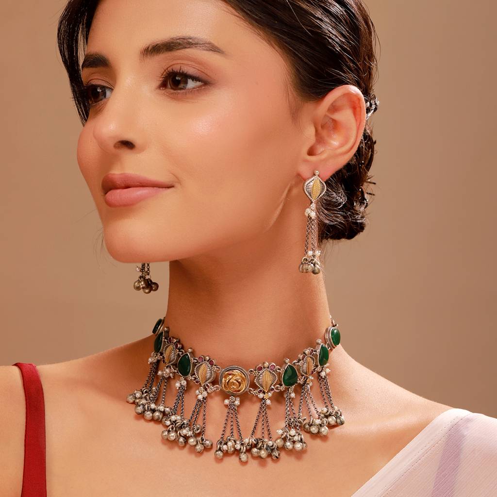 Oxidised Silver Ghungroo Choker Necklace & Earrings Stone Detailing- Antique Elegance : 8905124582765
