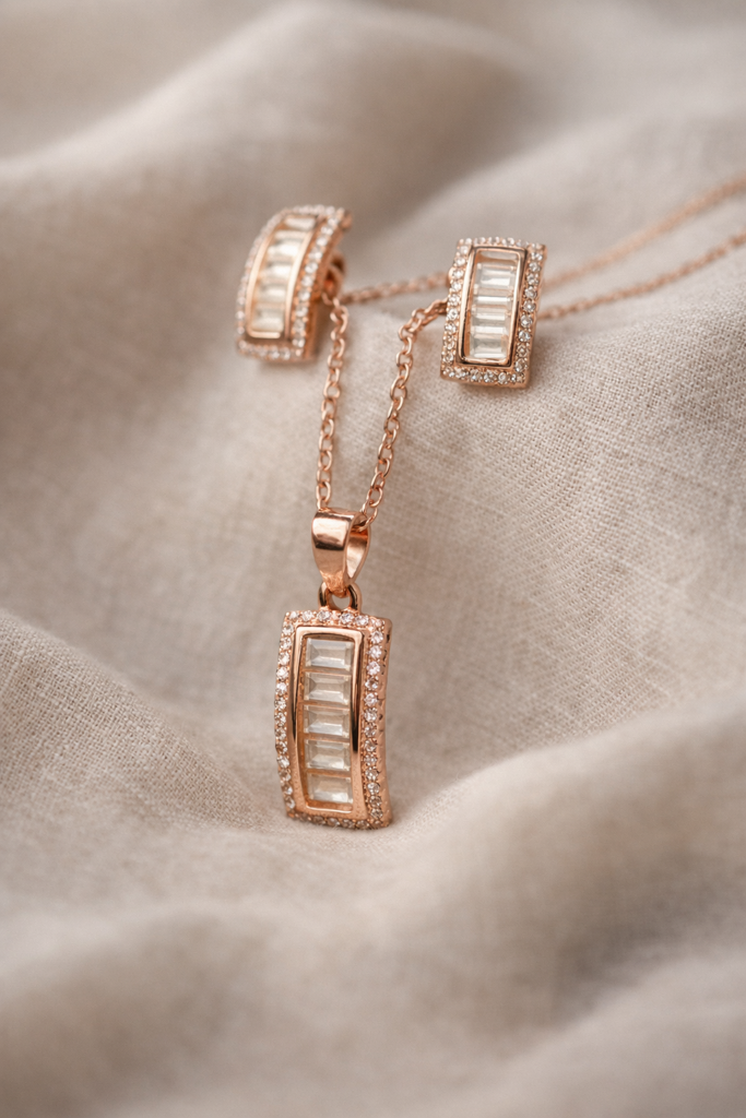 925 Sterling Silver Rose Gold-Plated Baguette Zircon Stud Jewellery Set : SMK-W-SET-012