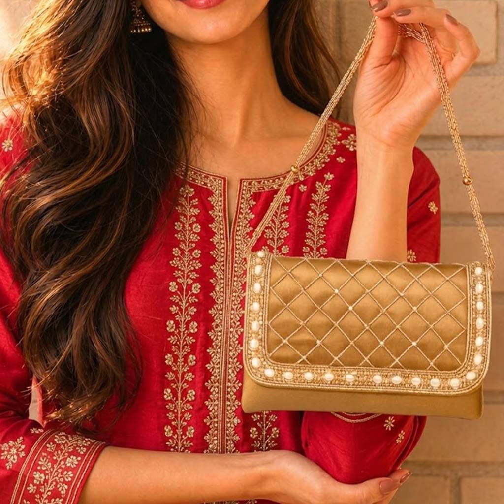 Quilted Pearl Embellished Clutch Bag For Women | Gold Beaded Strap | Wedding Festive Evening Purse : C189BR