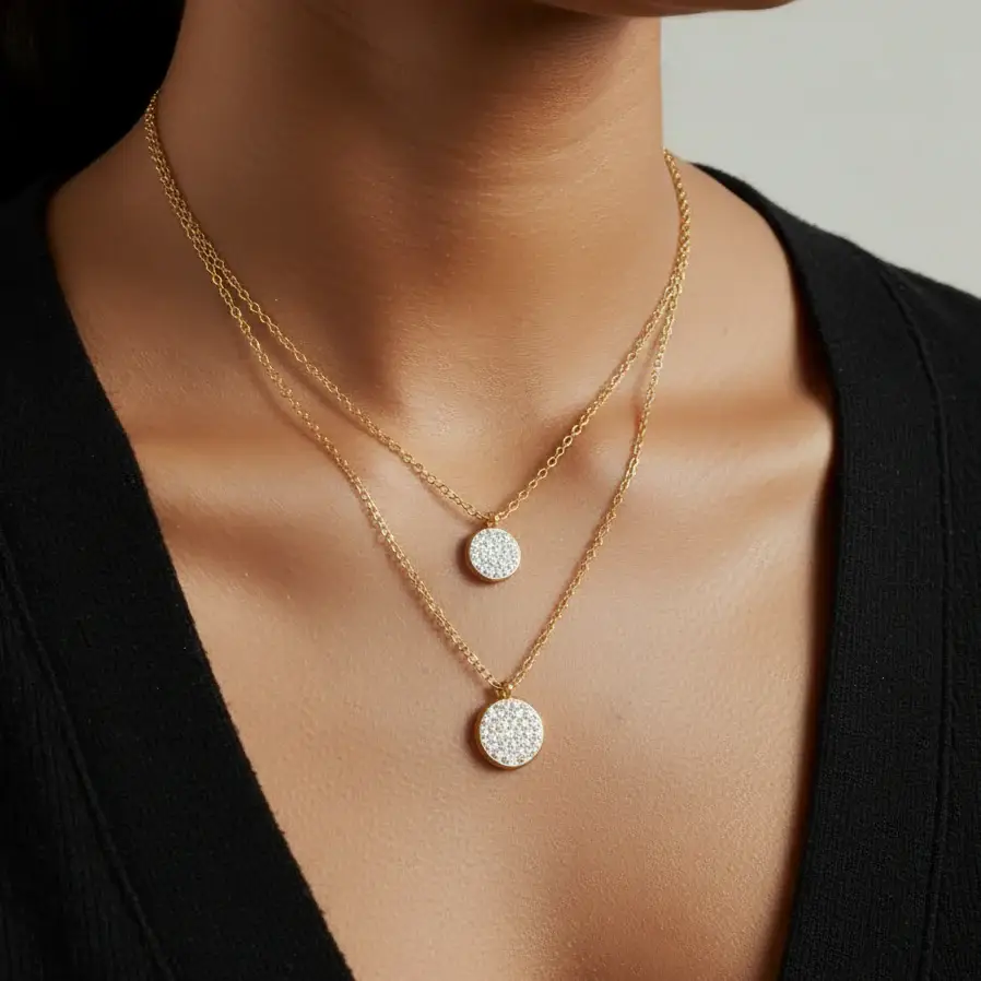 Double Disc Pavé Jewellery Set (Necklace + Earrings) | 18K Gold Plated : TWLK-JWLRYSET-WMNS-DBLDSCPAVE-GLD-PK3