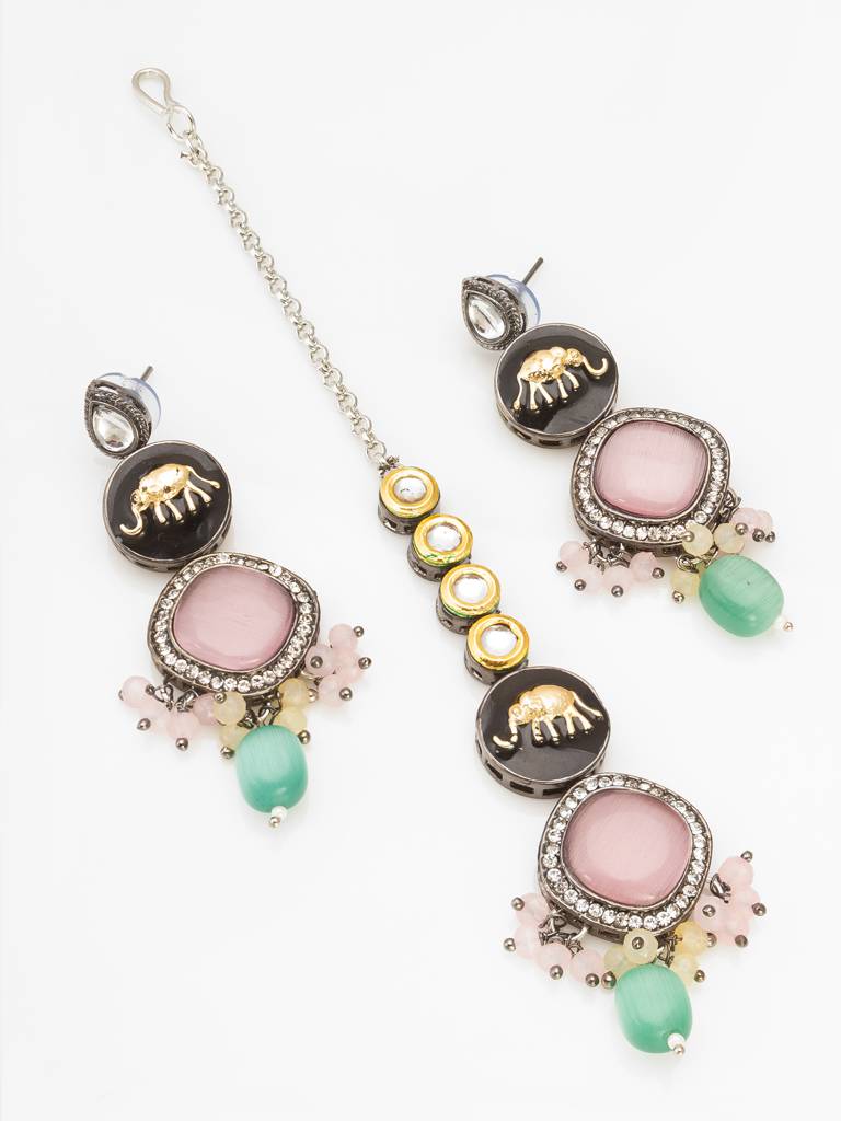 Oxidized Silver Elephant Motif Choker Necklace Set With Catseye Stones, Earrings And Maang Tikka : NK4266