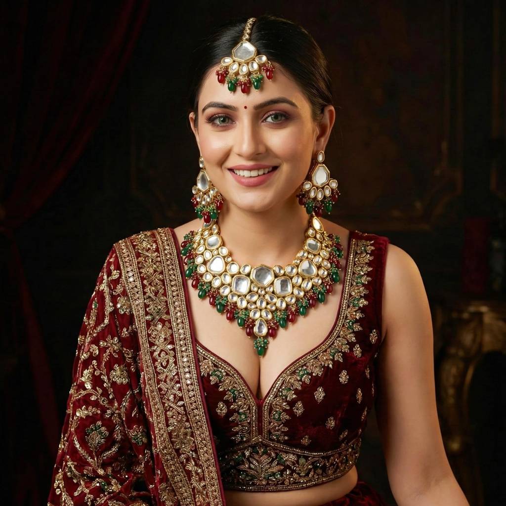 18 Kt Gold Plated Bridal & Semi-Bridal Necklace Set With Earrings & Maang Tikka : 3947-J5SK-1574-MG