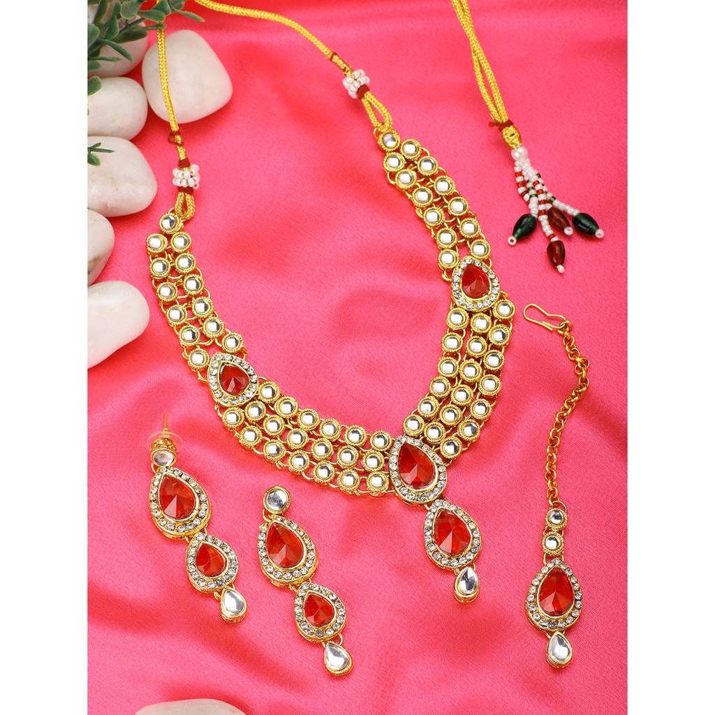 Peora Gold Plated Traditional Kundan Studded Long Necklace Jewellery Set With Earring Maang Tikka For Women Girls : PF25N009R