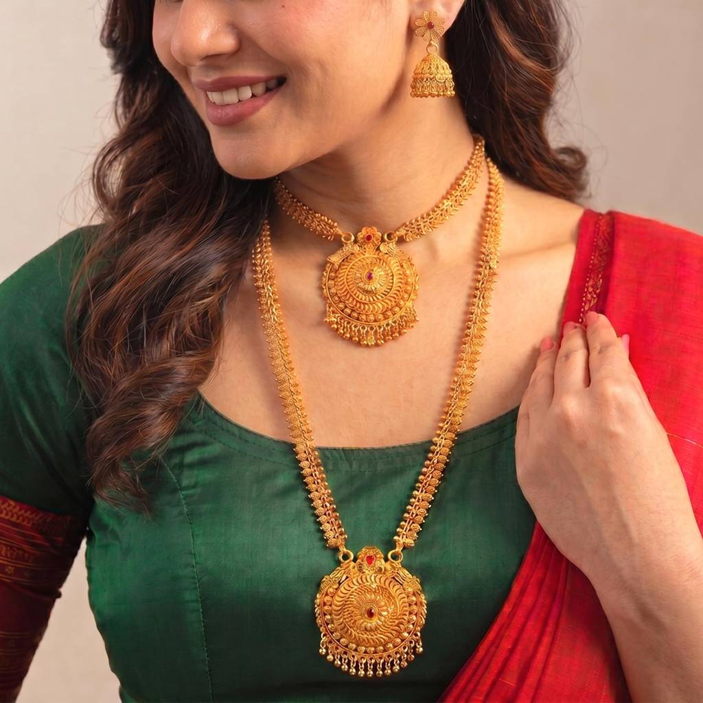 Short & Long Necklace Earrings Bridal Set For Women | Gold Plated | Faux Ruby Studded | Traditional Maharani Haar : PF04BR06RP