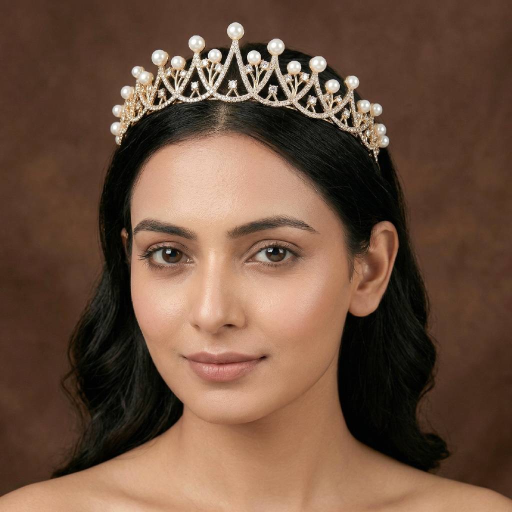 Gold Plated Cubic Zirconia & Pearl Studded Princess Tiara Crown Hair Accessory For Girls & Women : PX9CW04G