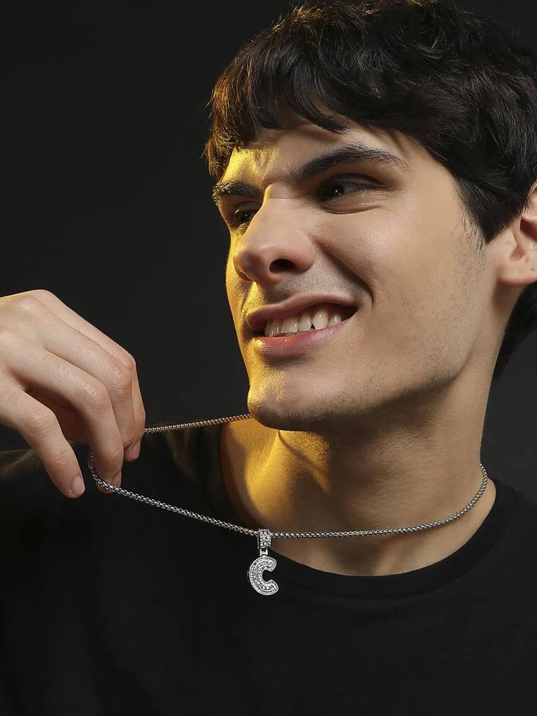 Men'S Embellished Alphabet Pendant Necklace - Silver : FANC1071-C