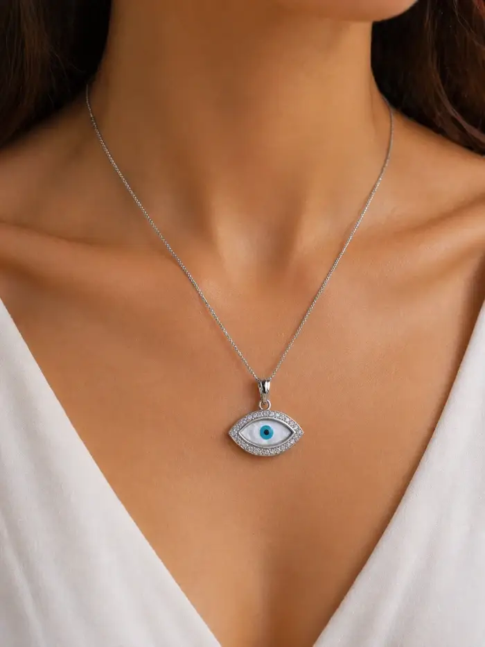 925 Sterling Silver Rhodium Plated Marquise-Shape Evil Eye Pendant With Sleek Box Chain : PD-70059-R