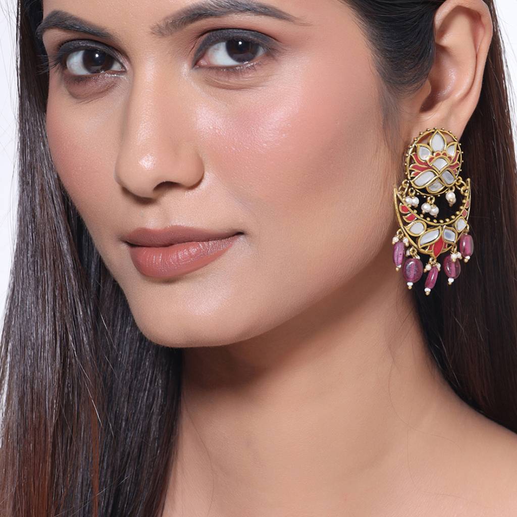 Thikri Crescent Mirror Embellishments Earrings : 8905124079678
