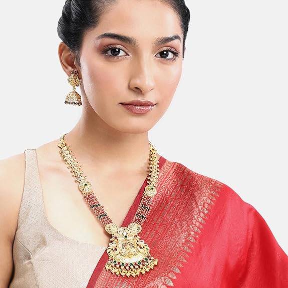Ethnic Long Necklace Earrings For Women & Girls Gold Plated Faux Ruby Emerald & Beads Studded Festive Temple Jew : PF04NK03RPG