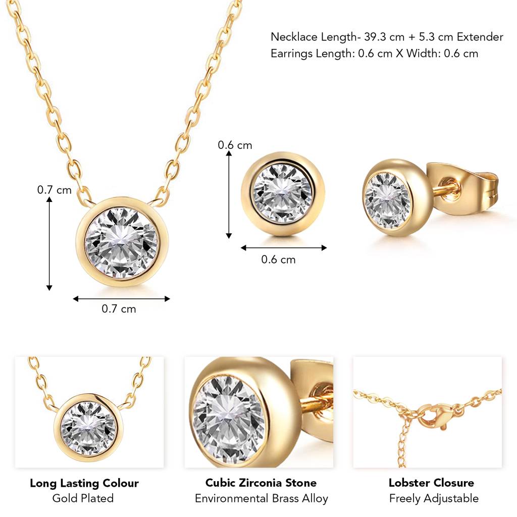 Gold Plated Single Cubic Zirconia Pendant Chain Stud Earrings Embellished Jewellery Set For Women & Girls : PX8PS41G