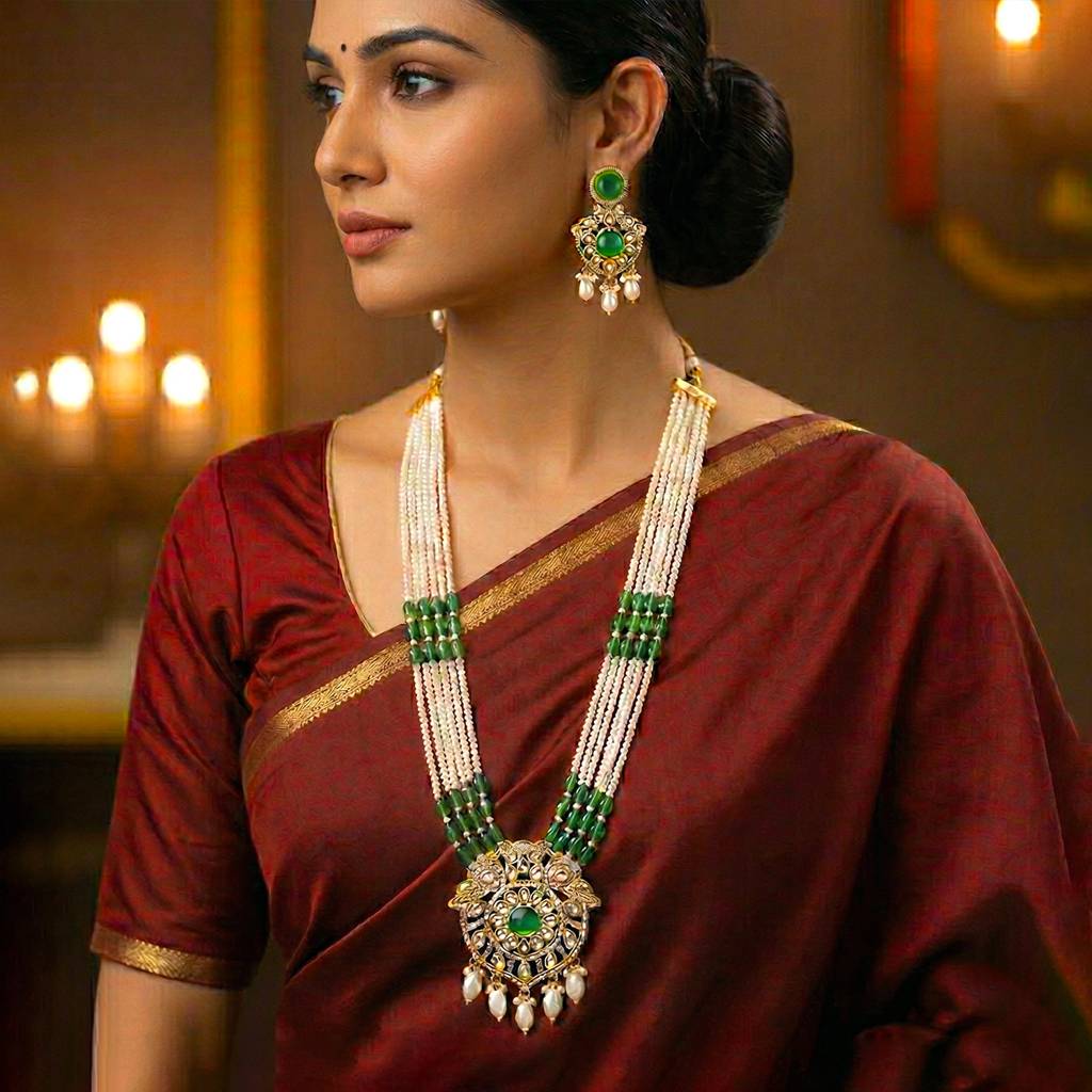 Green Ethnic Long Necklace Earrings Set For Women & Girls | Gold Plated | Kundan & Beads Studded | Maharani Haar A : PF77LS07G