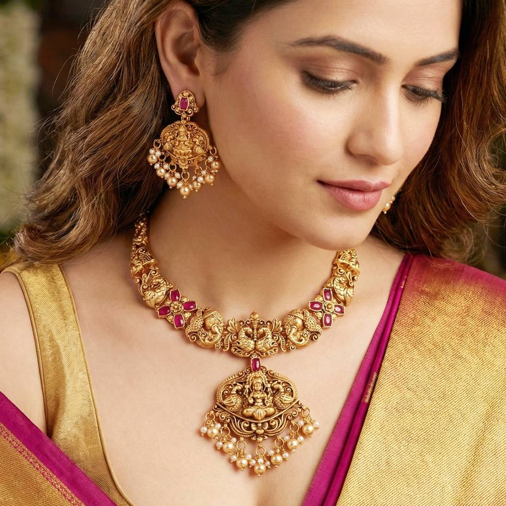 Traditional Antique Gold-Tone Temple Jewellery Set With Goddess Lakshmi Pendant & Earrings | Choker Style Ne : 1122-ISR-2178-R