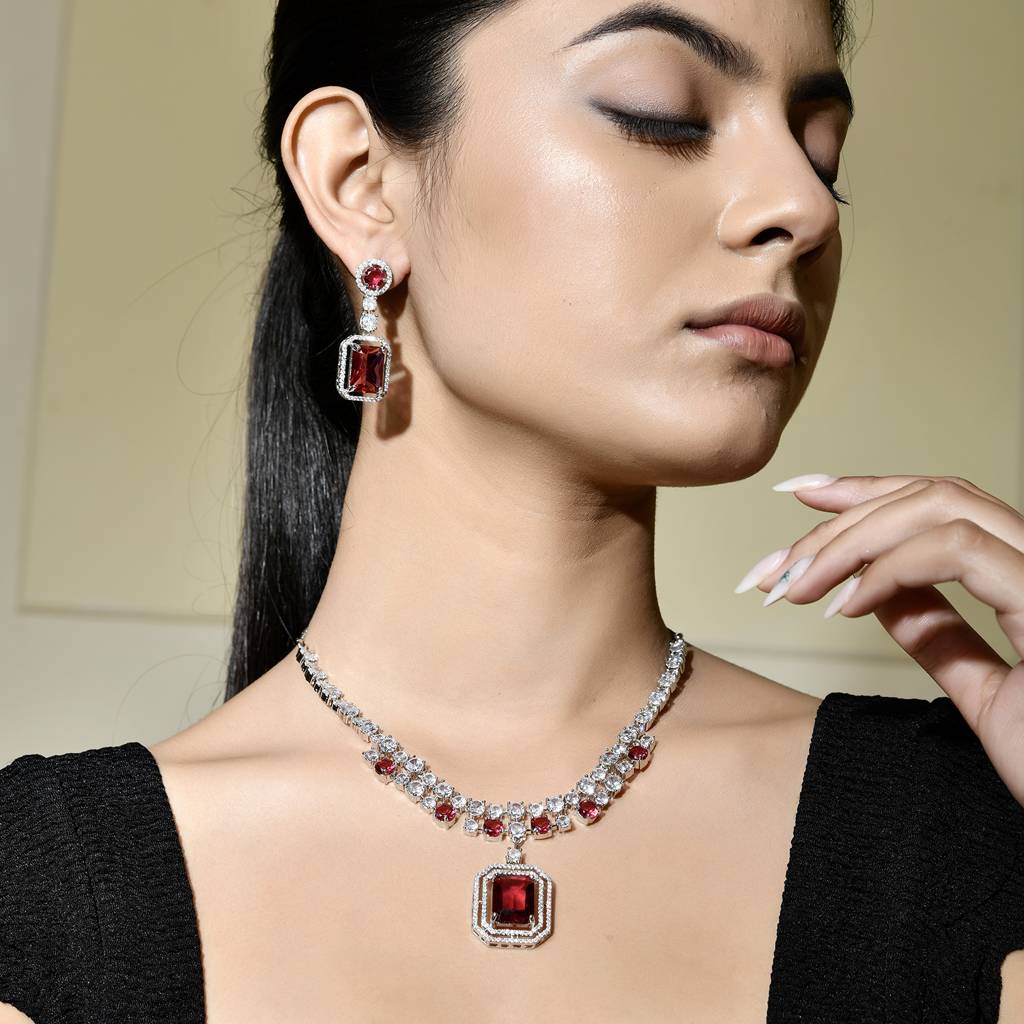 Sparkling Elegance Eternal Love Red American Diamond Necklace Set : 8905124541656