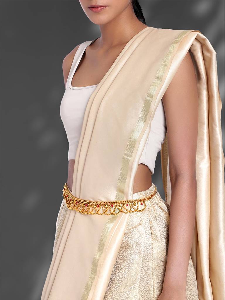Combo Of Golden Bridal Jewellery Set With Adjustable Waist Belt Kamar Bandh Gift For Womens : PF04BR3398RP-PF04BCH002RG