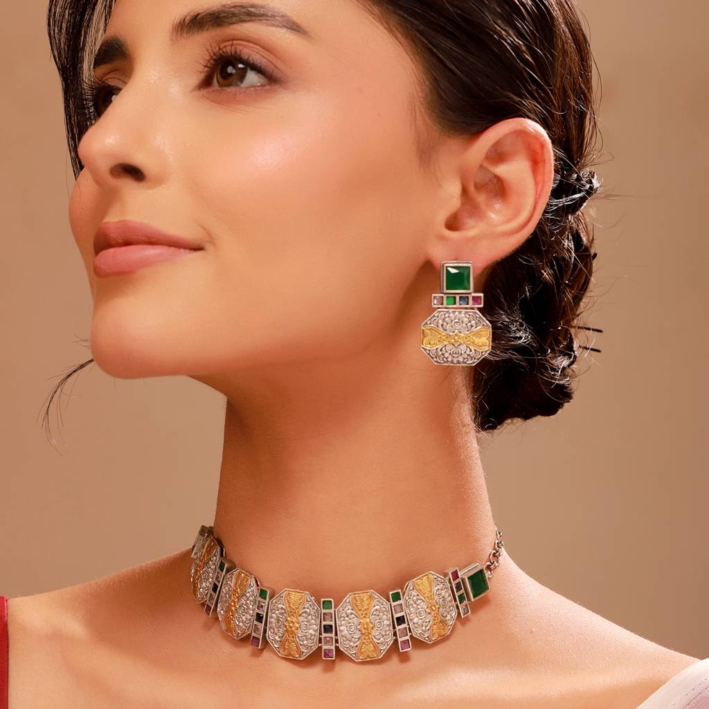Oxidised Silver Choker & Earrings Set With Green Stone - Antique Elegance : 8905124582758