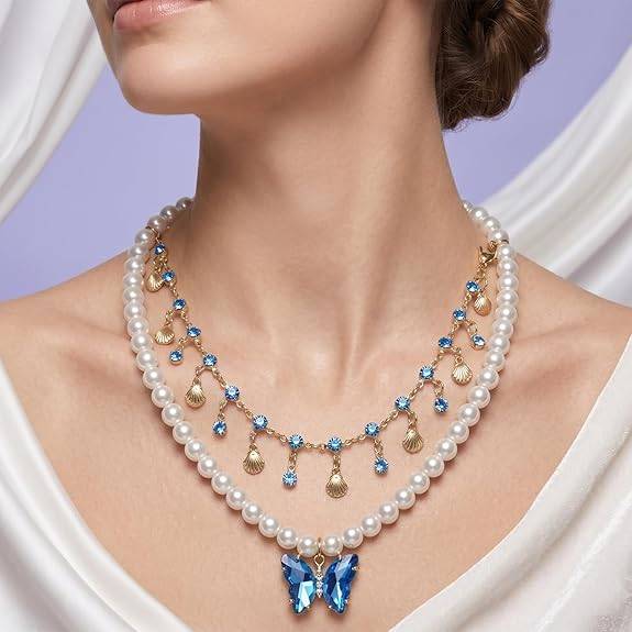 White Blue Gold Plated Layered Necklace For Women Pearl & Crystal Studded Festive & Casual Wear Jewellery Gift For : PX9N276WB