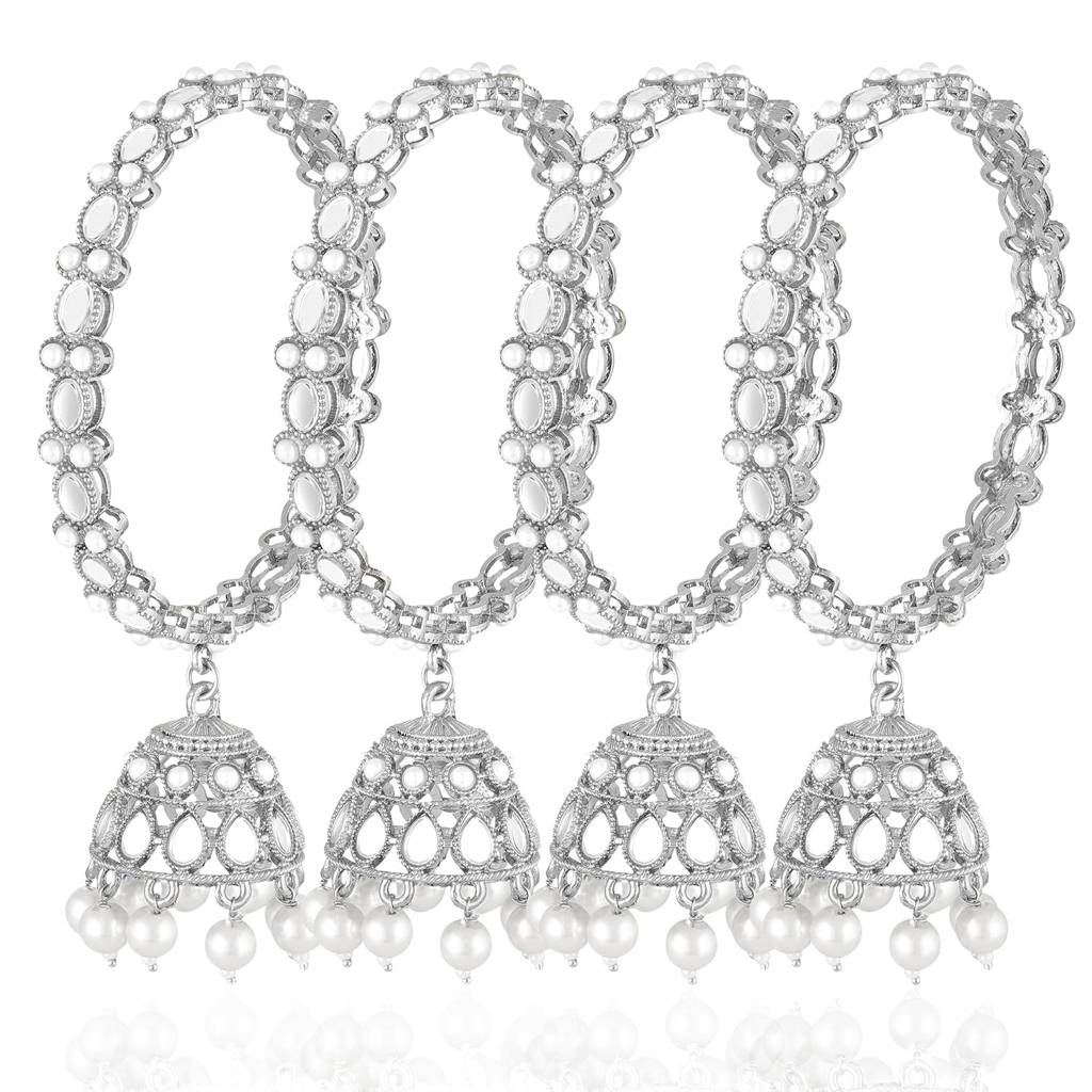 Silver Plated Kundan & Beads Studded Ethnic Latkan Bangles Ethnic Jewellery For Women (Size - 2.8 Inch, Set  : PF106B01SW-S4-8