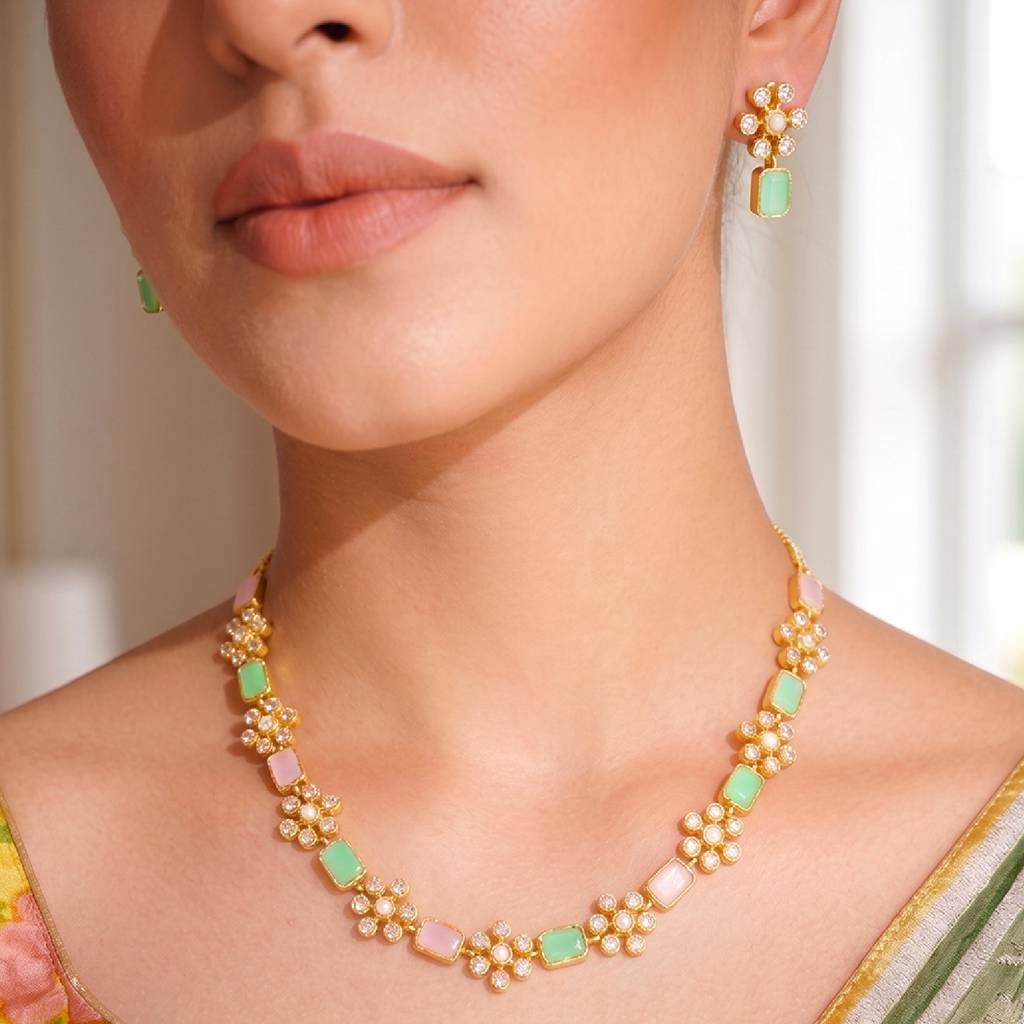 Women'S Gold Plated Mint Pink Necklace Earrings Set Crystals & Cubic Zirconia Studded Festive Bridal Jewellery : PF104N26MNTPK