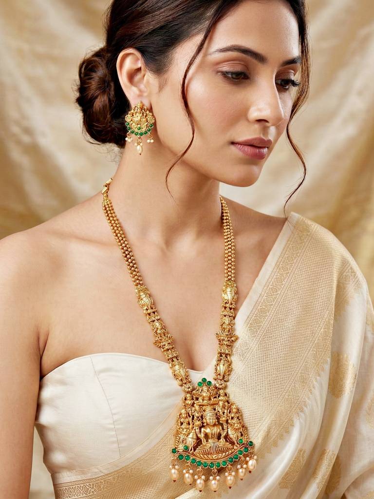 Gold-Plated Temple Jewellery Laxmi Idol Green Color Necklace Set With Earrings For Women | Traditional South  : 660-G2SR-196-G