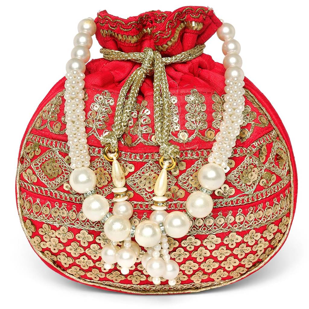 Red Sequins Embellishment Potli Bag Ethnic Bride Wristlet Purse With Drawstring For Women Girls : P210R-L