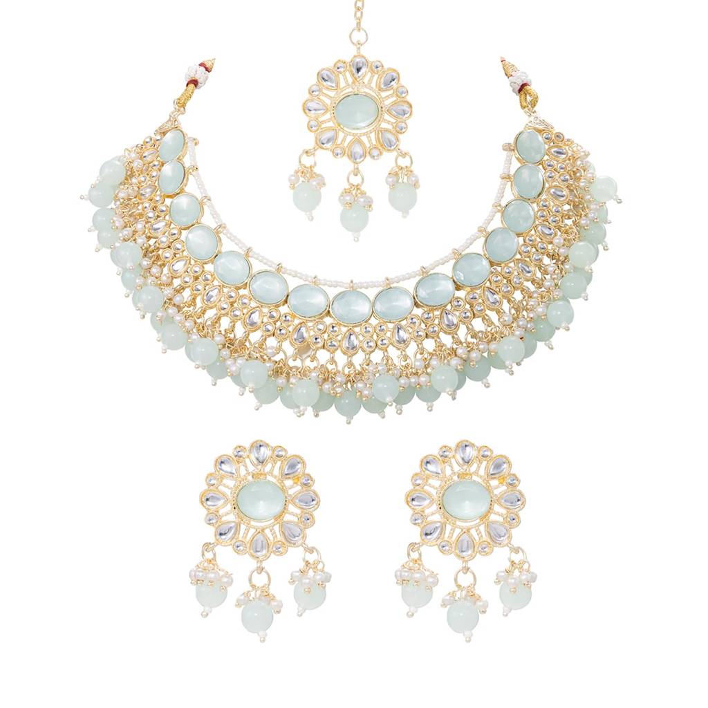Mint Crystals Studded Necklace Earrings Maangtikka Set For Women | Festive & Bridal Jewellery, Anniversary Bi : PF04NK11172MNT
