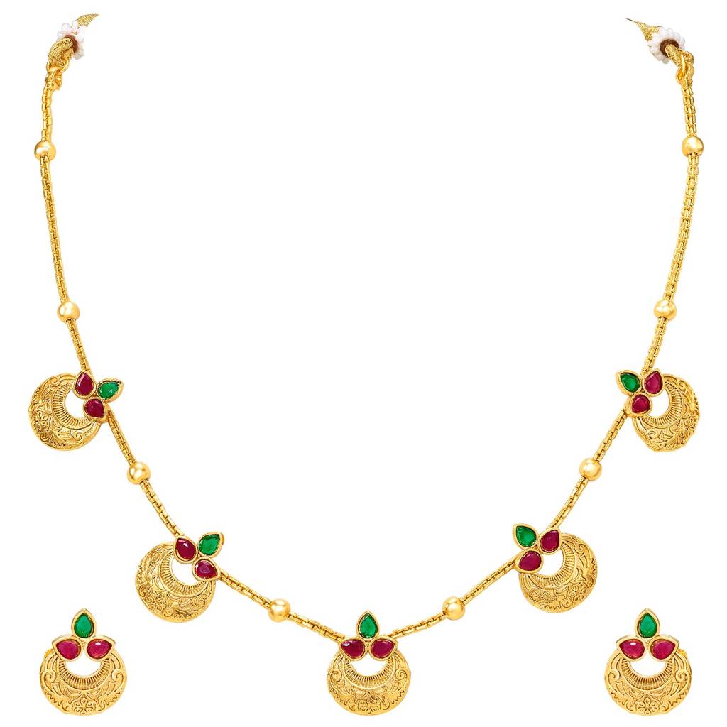 Ethnic Gold Plated Pendant Style Necklace Earrings Set For Women | Faux Ruby Emerald Studded | South Indian Tradi : PF04N26RPG