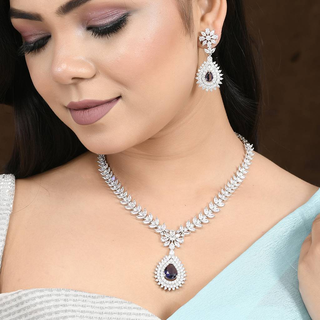 Sparkling Elegance Radiant Regal Purple American Diamond Necklace Set : 8905124532937