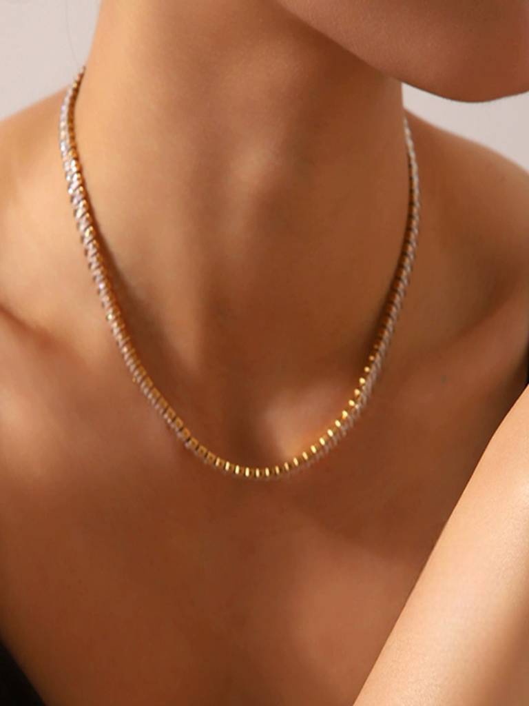 18K Gold Plated Waterproof Anti-Tarnish Tennis Zircon Necklace : AHC0925N0001