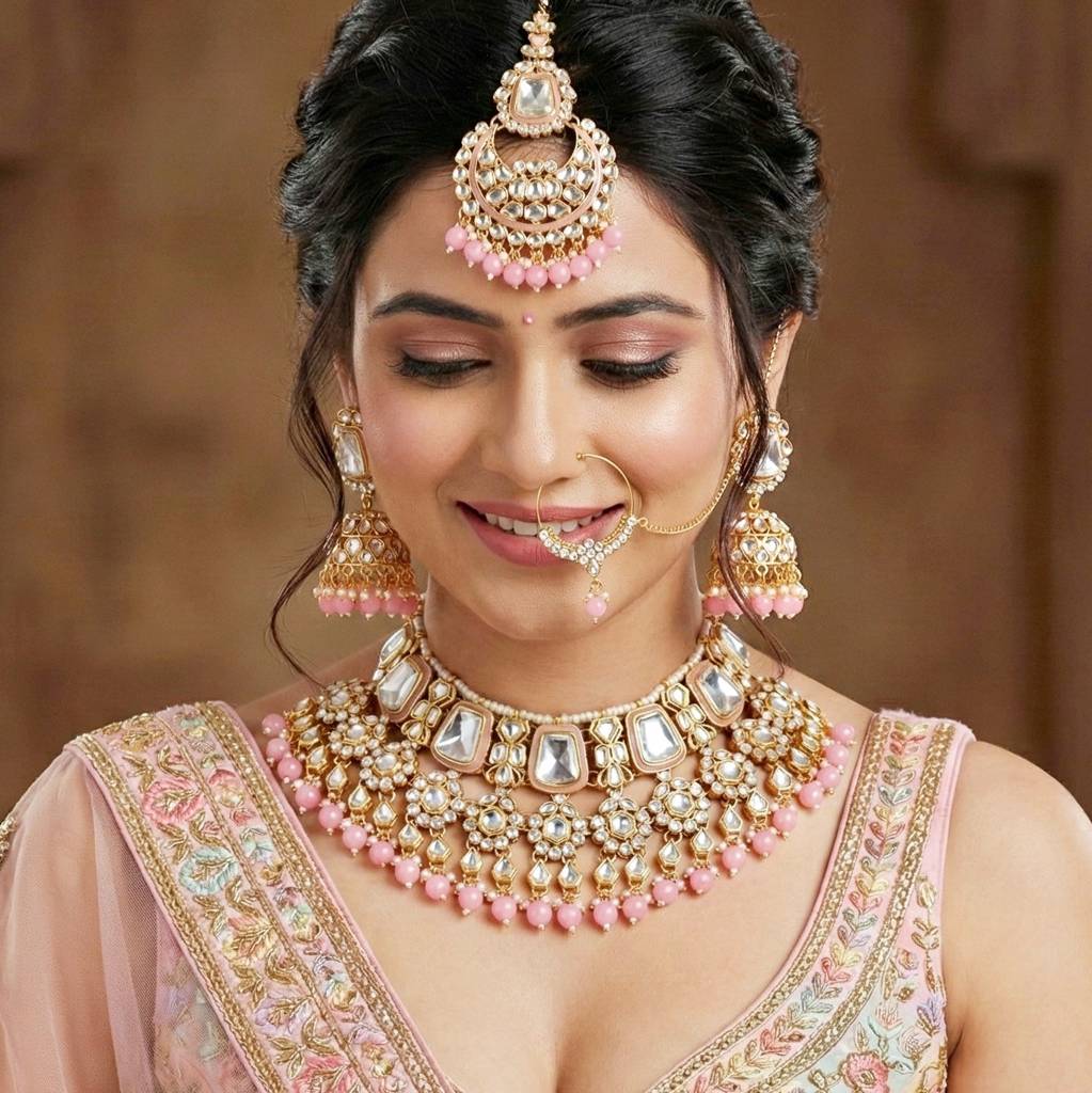 18 Kt Gold Plated Bridal & Semi-Bridal Necklace Set With Earrings, Maang Tikka & Nath : 2476-M8SK-1101-PK