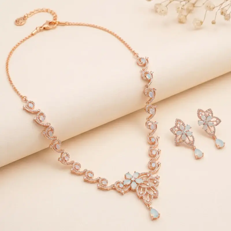 Cz Floral Statement Necklace Set | Grand Festive & Cocktail Jewellery : AD-937-RGMG-NKER