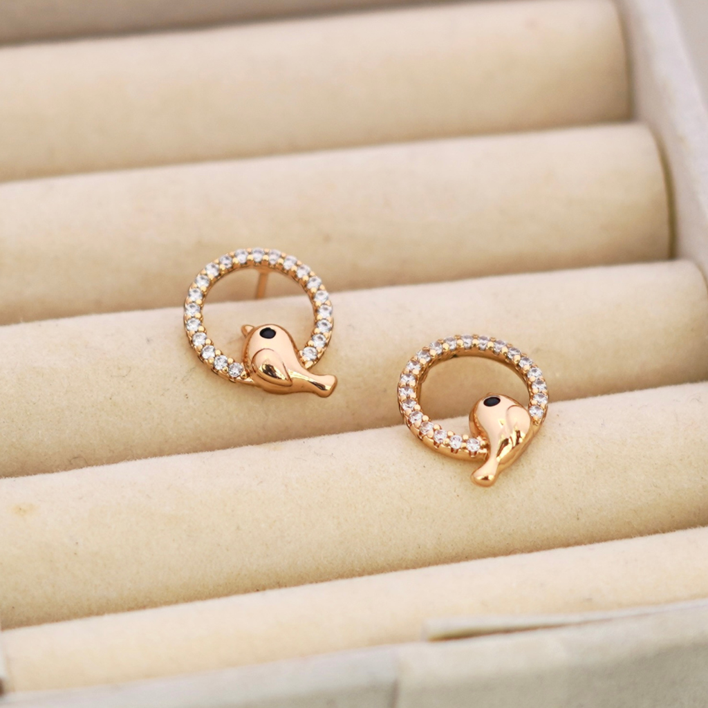 Eternz Certified Jewellery - Putstyle Rose Gold Bird In Circle Cubic Zirconia Stud Earrings