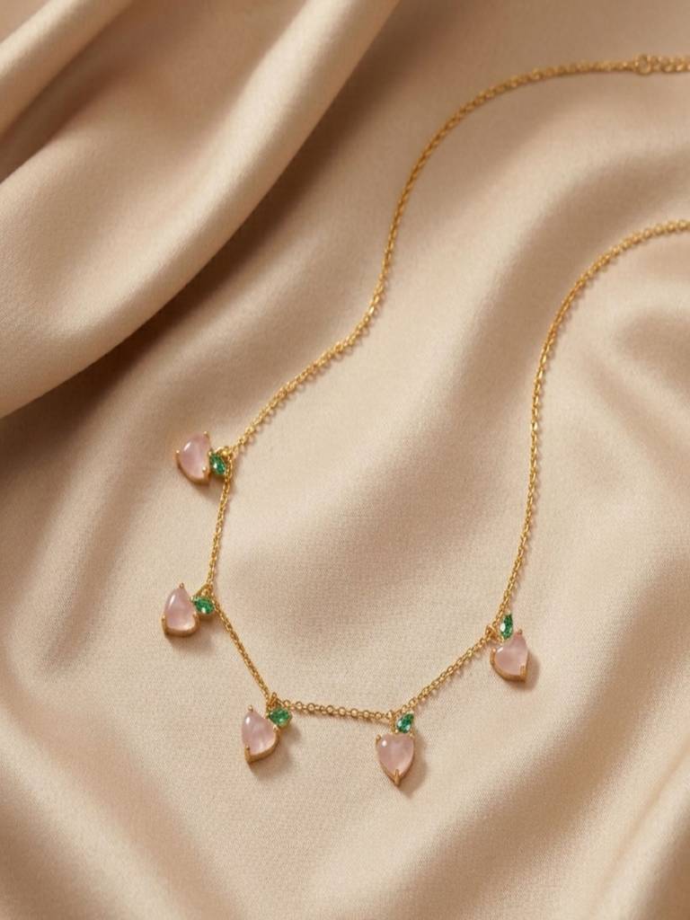 Pink Zircon Heart Strawberry Fruit Charm 18K Gold Plated Anti-Tarnish Necklace : AWU0726N92PK