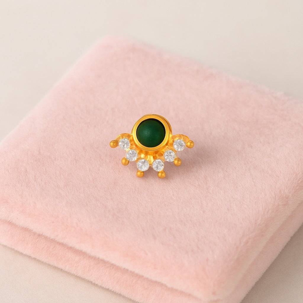 Floral Nose Pin - Sterling Silver Gold Plated : NP-00169_SW277_925S_YG_GREEN