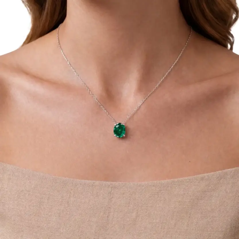 Green Oval Solitaire Pure Silver Pendant Necklace : OVAL-GRN-10-SL-W-C
