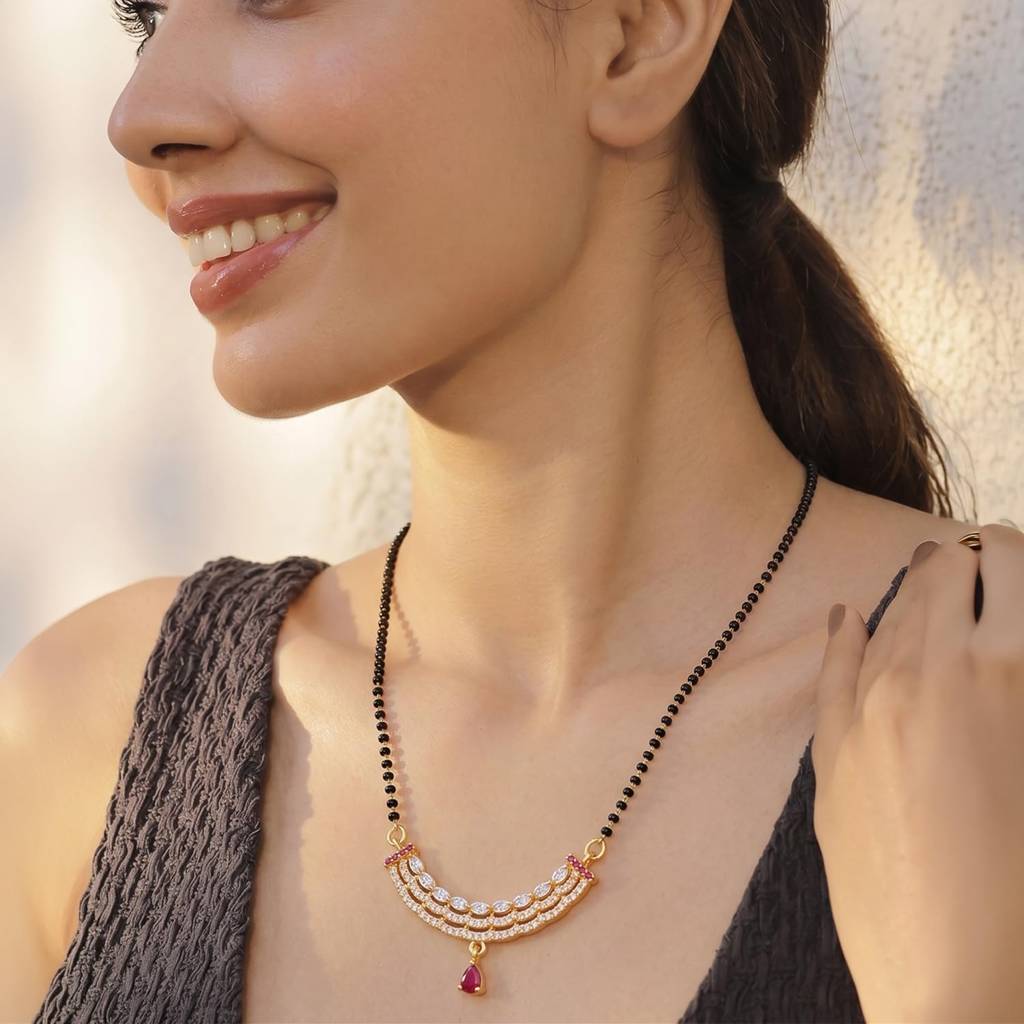 Fancy Gold Plated Rani Pink Cz Studded Mangalsutra For Women | Festive & Bridal Jewellery, Anniversary Birthday  : PF04MS17RPW