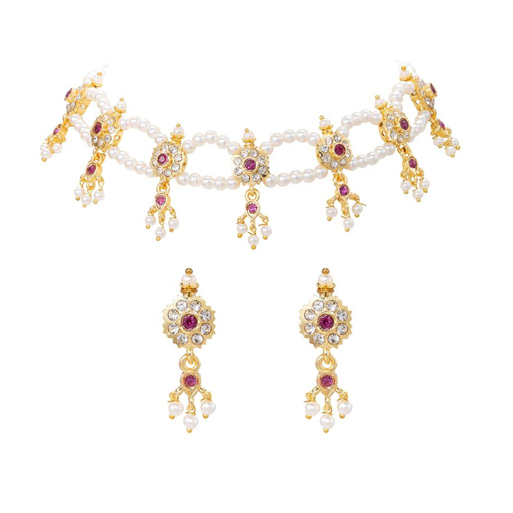 Rani Pink White Gold Plated Necklace Earrings Set Jewellery For Women | Traditional Festive & Bridal Jewellery, An : PF04N69RP