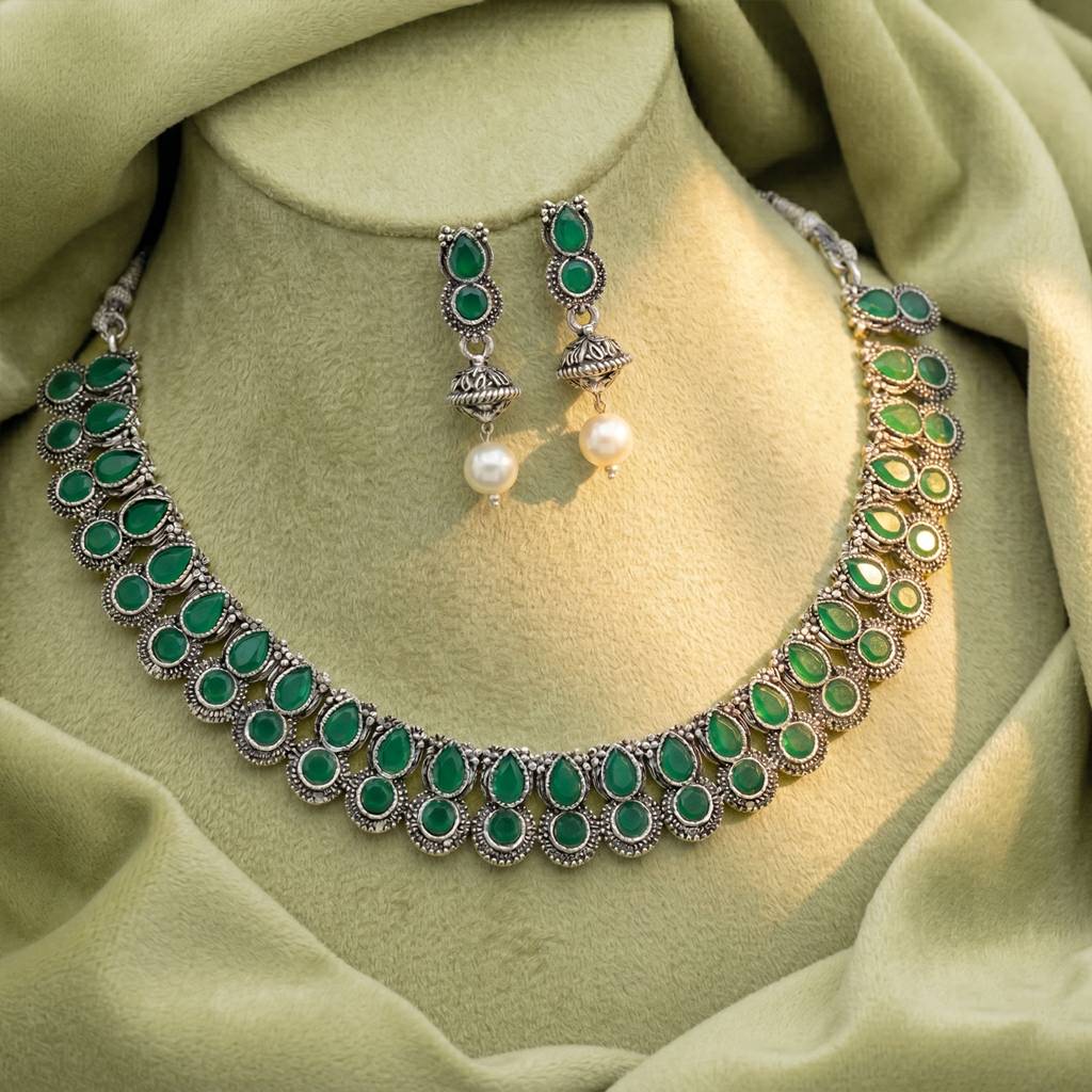Green Ethnic Oxidised Necklace Earrings Set For Women & Girls | Silver Plated | Faux Emerald Studded | Festive Styl : PF04N12G