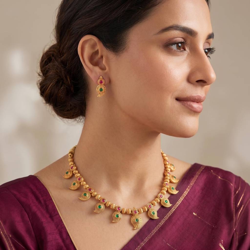 Gold Plated Green Rani Pink Leaf Necklace Earrings Set For Women : PF109N04RPG