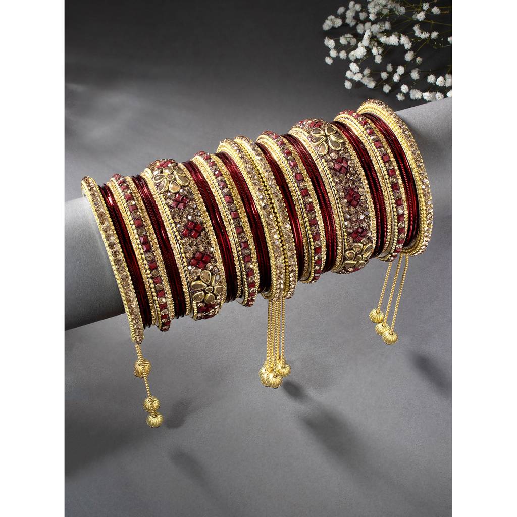 Stone Studded Metal Chuda Bangle Set With Hangings For Women Wedding Bridal Indian Traditional Ethnic Jewellery : PF51B43M