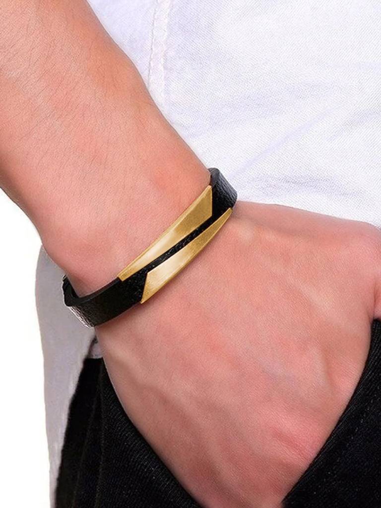Black Synthetic Leather With Gold Plated Metal Bracelet Stylish Design Fashion Casual Jewellery Gift For Men & Boys : PX9LB34G