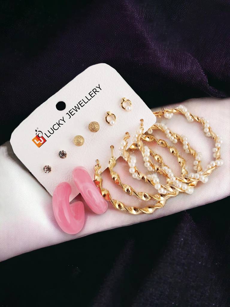 6 Pairs Combo Earrings- Gold Plated Stone Studs, Geometric Hoops And C Shaped Drops : 240-CHEX-1185-6