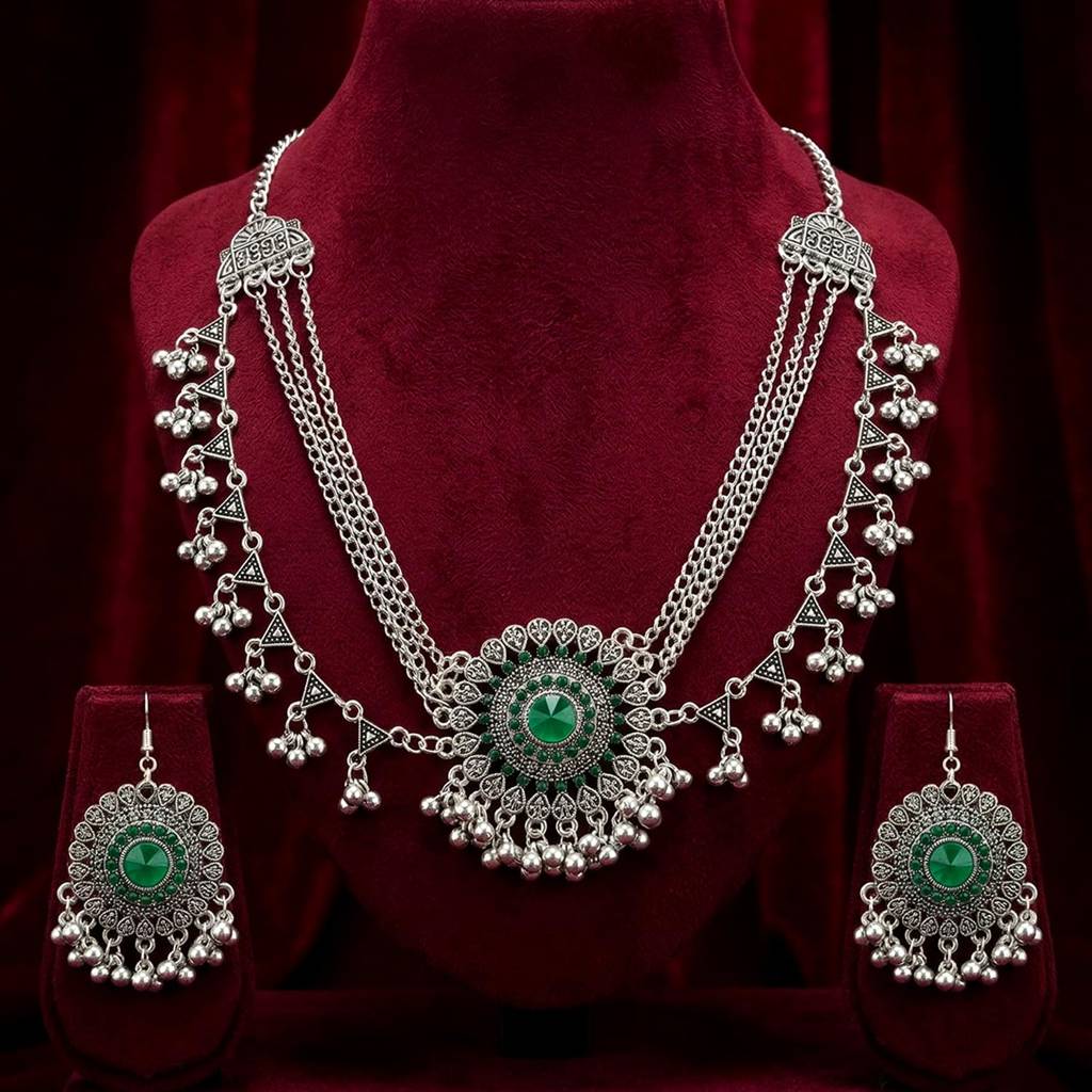 Green Stylish Oxidised Necklace Earrings Set For Women & Girls Silver Plated Crystals Studded Festive Fancy Desig : PX9N217GRN