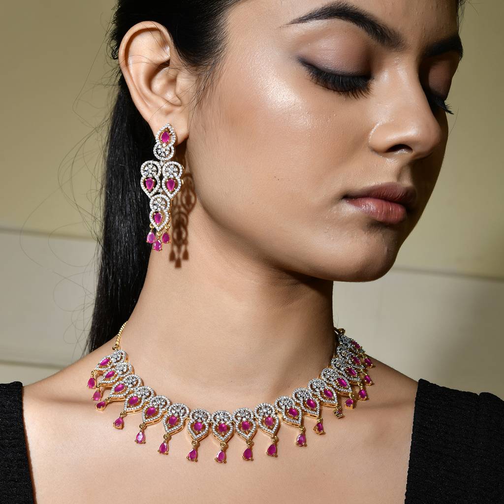 Sparkling Elegance Ruby Glimmer American Diamond Gold Necklace Set : 8905124512953
