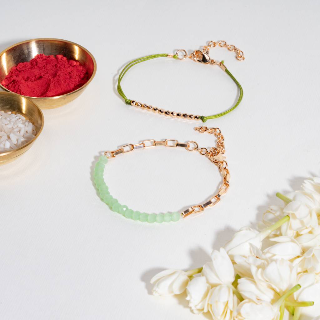Green Beads Rakhi Bandhan Lumba Rakhi For Bhaiya And Bhabhi : BS14922-1222-G-GR-BB-SL-GR