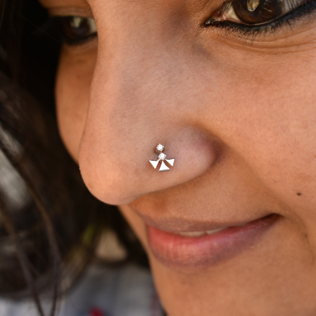Natural Diamond Warli Nose Pin In 14K Gold C Wire : NP008-14W-C-S