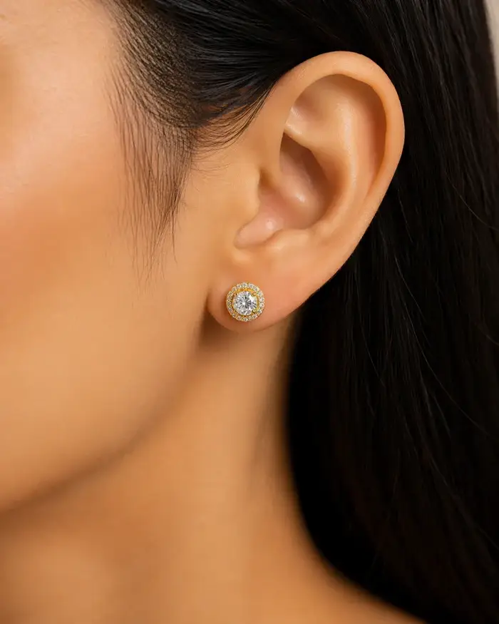 925 Sterling Silver Gold Plated Round Micro-Pave Halo Stud Earrings : ER-40058-G